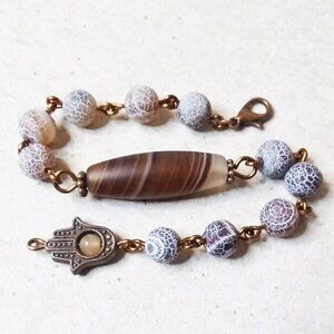 Earth Tones! Lovely Shades of Brown! Mixed Agate Bracelet + Copper + Hamsa Hand